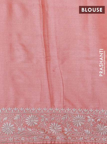 Pure tussar silk saree peach orange with floral embroidery buttas and embroidery border