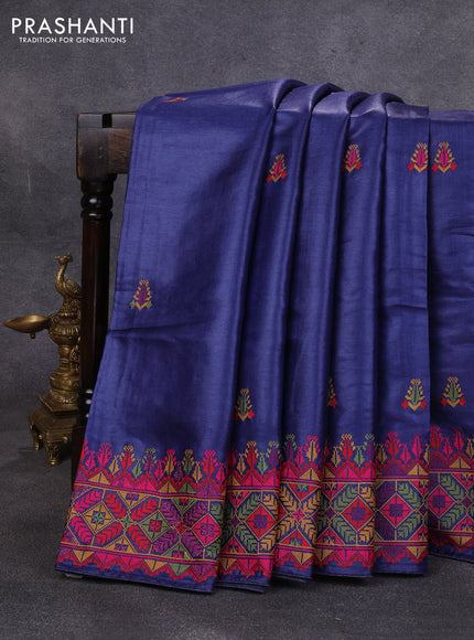 Pure tussar silk saree navy blue with embroidery buttas and embroidery border