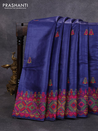 Pure tussar silk saree navy blue with embroidery buttas and embroidery border