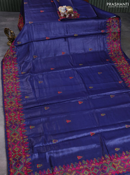 Pure tussar silk saree navy blue with embroidery buttas and embroidery border