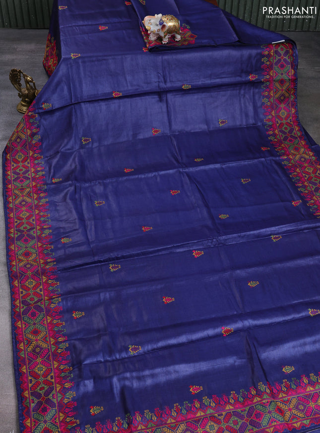 Pure tussar silk saree navy blue with embroidery buttas and embroidery border