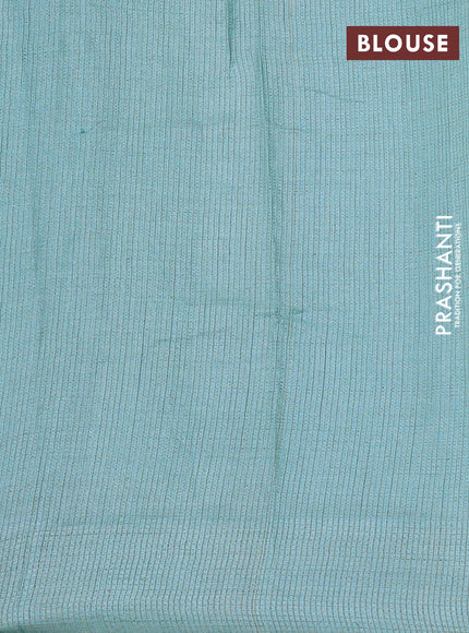 Pure tussar silk saree light blue with floral embroidery buttas and checked border