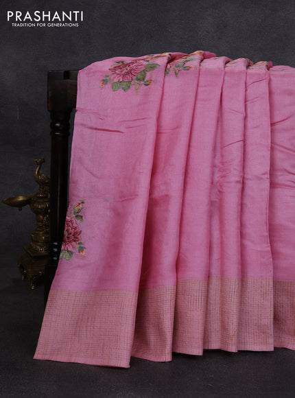 Pure tussar silk saree light pink with floral embroidery buttas and checked border
