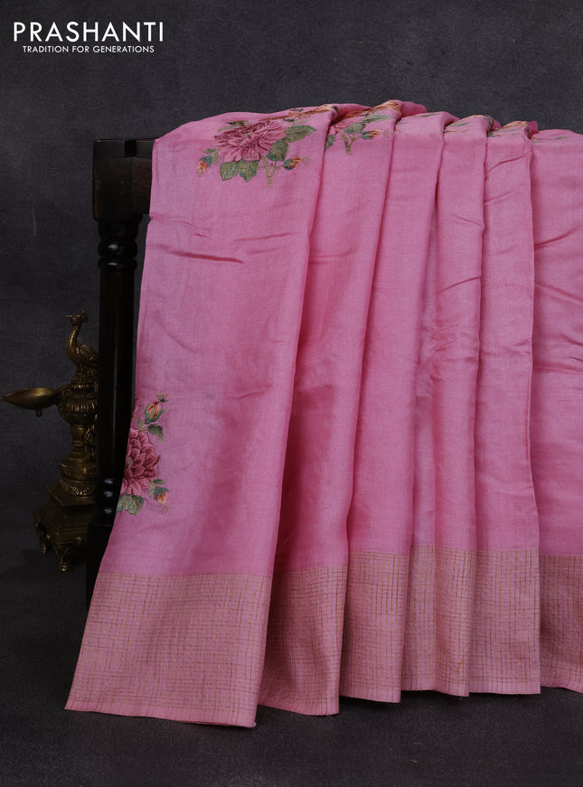 Pure tussar silk saree light pink with floral embroidery buttas and checked border