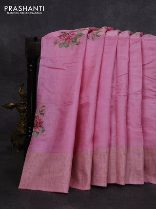 Pure tussar silk saree light pink with floral embroidery buttas and checked border