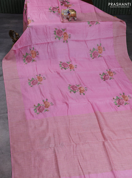 Pure tussar silk saree light pink with floral embroidery buttas and checked border