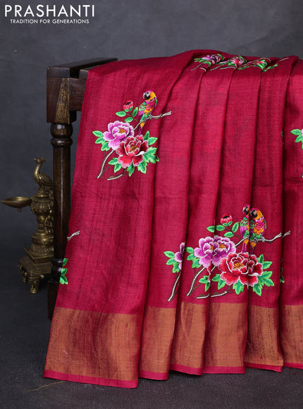 Pure tussar silk saree maroon with floral embroidery buttas and zari woven border