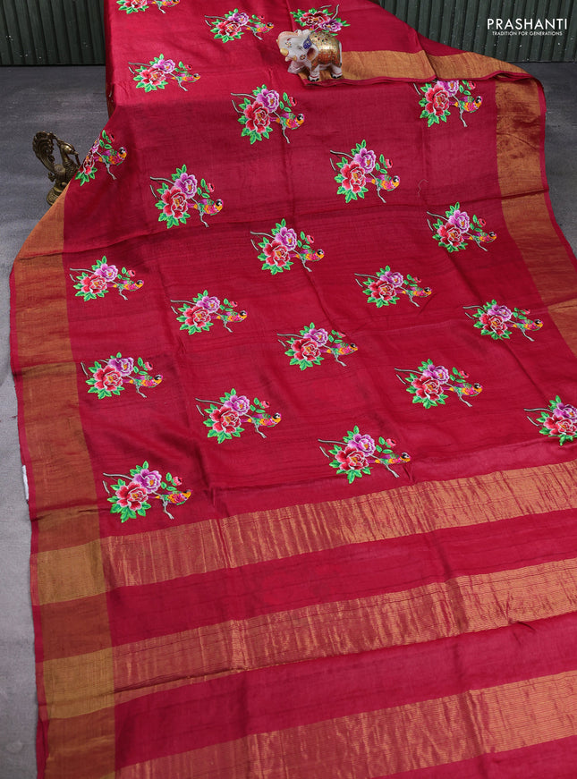Pure tussar silk saree maroon with floral embroidery buttas and zari woven border