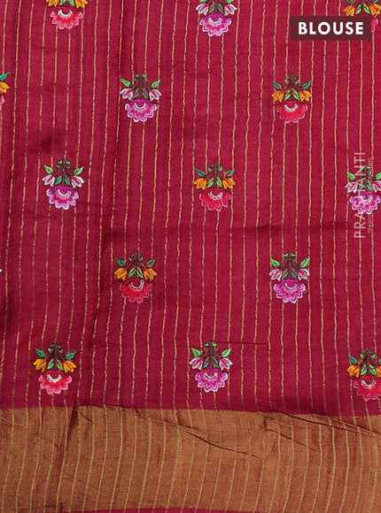 Pure tussar silk saree maroon with floral embroidery buttas and zari woven border