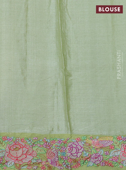 Pure tussar silk saree pastel green with allover zari weaves and embroidery border