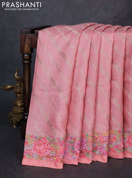 Pure tussar silk saree peach shade with allover zari weaves and embroidery border