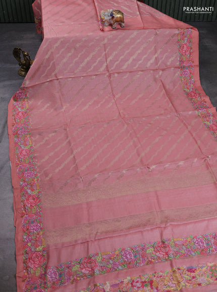 Pure tussar silk saree peach shade with allover zari weaves and embroidery border