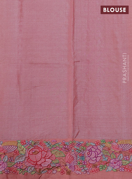 Pure tussar silk saree peach shade with allover zari weaves and embroidery border