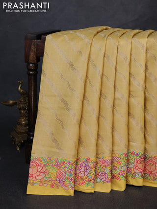 Pure tussar silk saree yellow with allover zari weaves and embroidery border