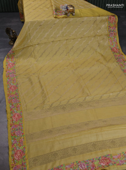 Pure tussar silk saree yellow with allover zari weaves and embroidery border
