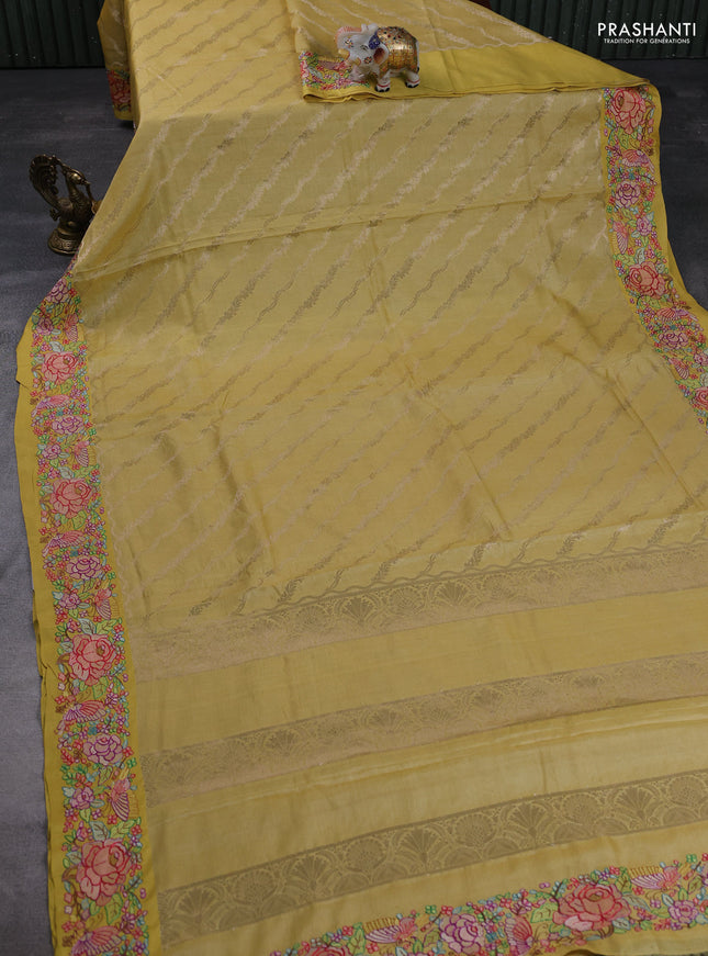 Pure tussar silk saree yellow with allover zari weaves and embroidery border