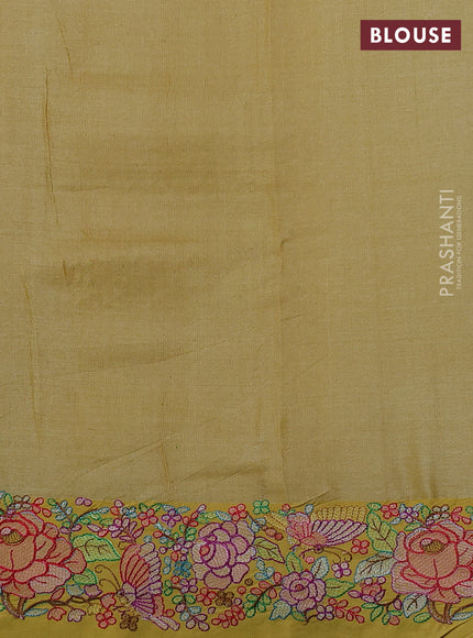 Pure tussar silk saree yellow with allover zari weaves and embroidery border