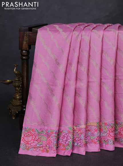 Pure tussar silk saree mauve pink with allover zari weaves and embroidery border