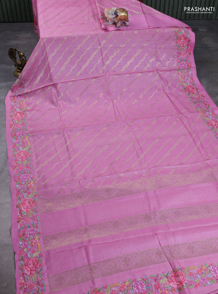 Pure tussar silk saree mauve pink with allover zari weaves and embroidery border