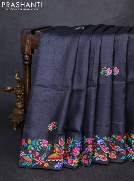 Pure tussar silk saree black with embroidery buttas and embroidery border