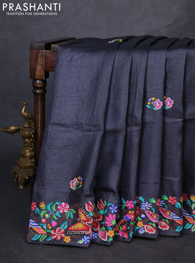 Pure tussar silk saree black with embroidery buttas and embroidery border