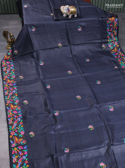 Pure tussar silk saree black with embroidery buttas and embroidery border