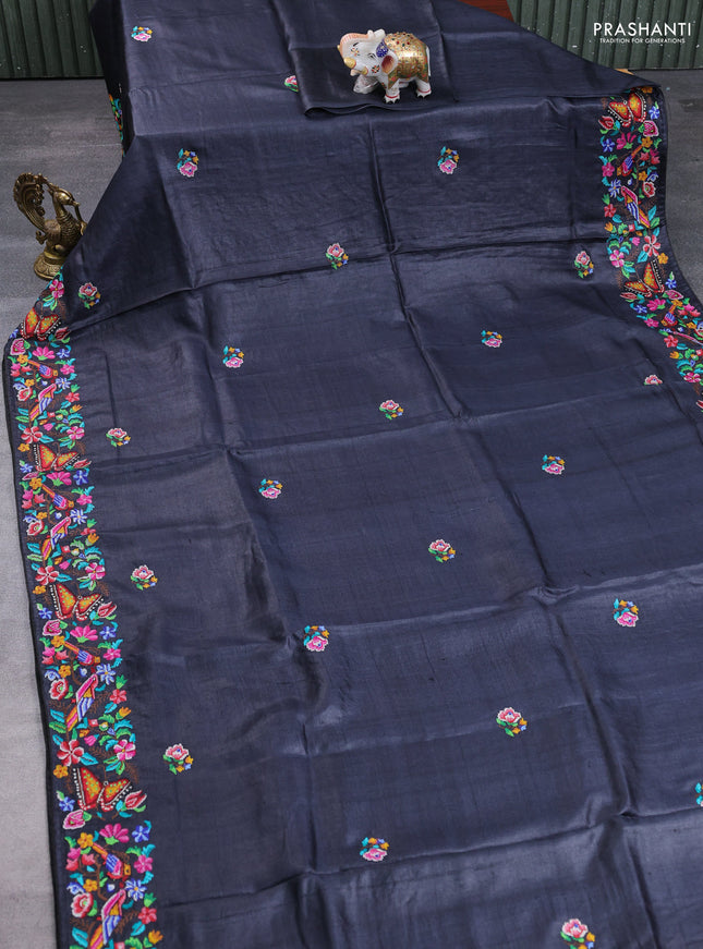 Pure tussar silk saree black with embroidery buttas and embroidery border