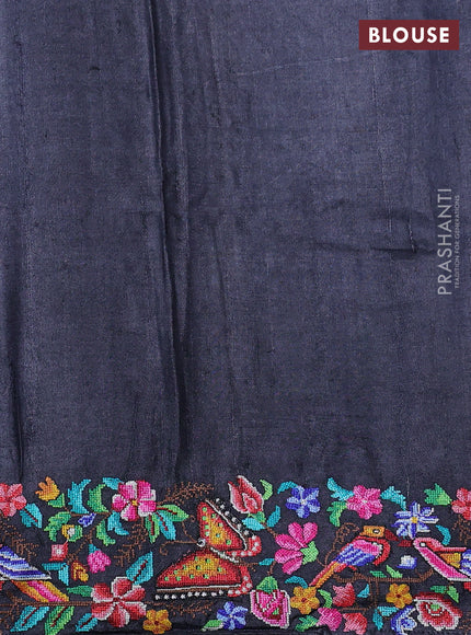 Pure tussar silk saree black with embroidery buttas and embroidery border