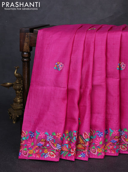 Pure tussar silk saree magenta pink with embroidery buttas and embroidery border