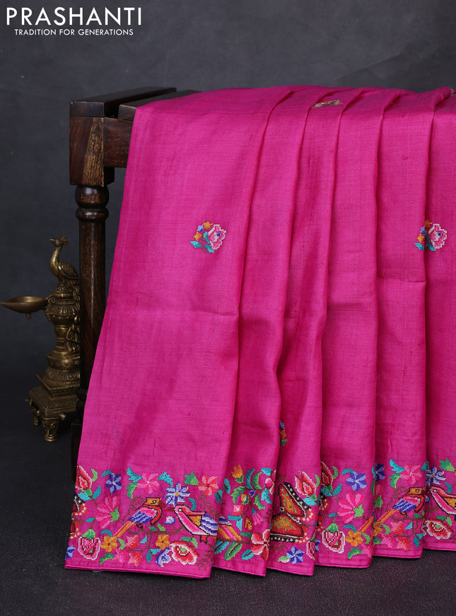 Pure tussar silk saree magenta pink with embroidery buttas and embroidery border