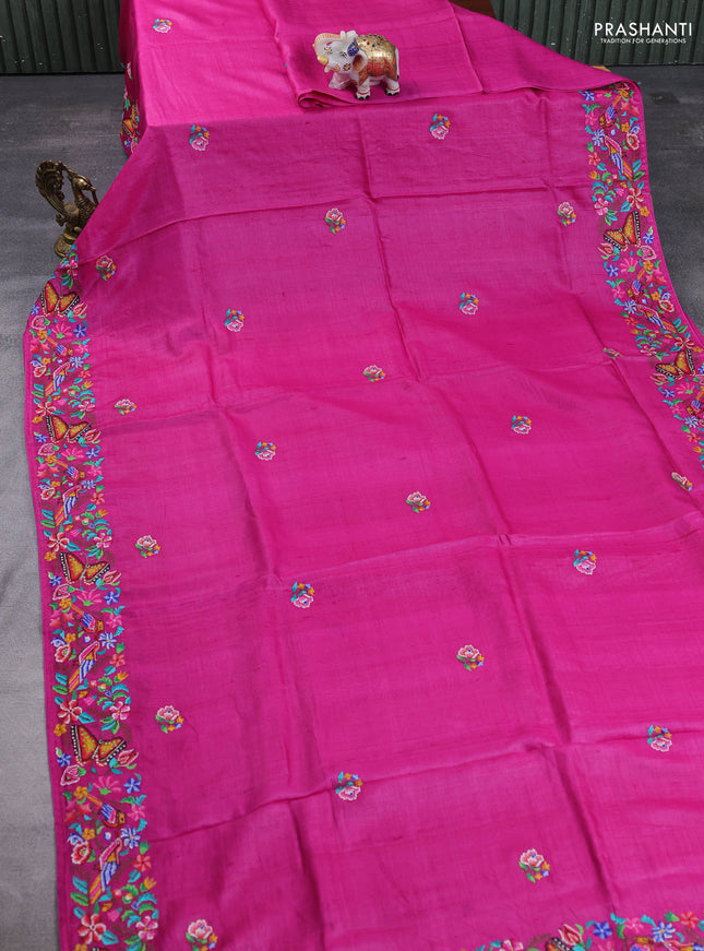 Pure tussar silk saree magenta pink with embroidery buttas and embroidery border