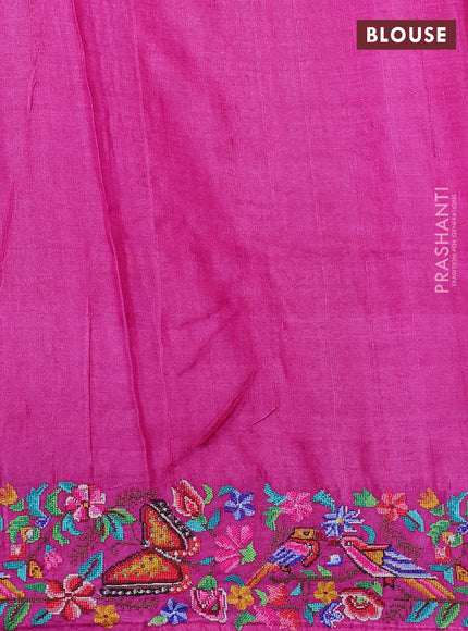 Pure tussar silk saree magenta pink with embroidery buttas and embroidery border