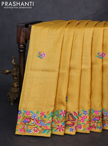 Pure tussar silk saree mustard yellow with embroidery buttas and embroidery border