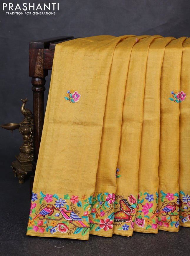 Pure tussar silk saree mustard yellow with embroidery buttas and embroidery border