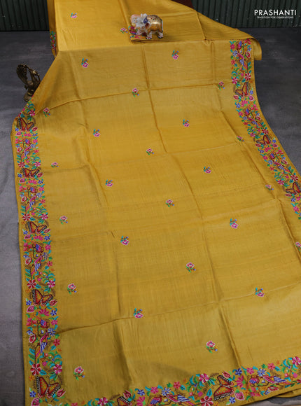 Pure tussar silk saree mustard yellow with embroidery buttas and embroidery border