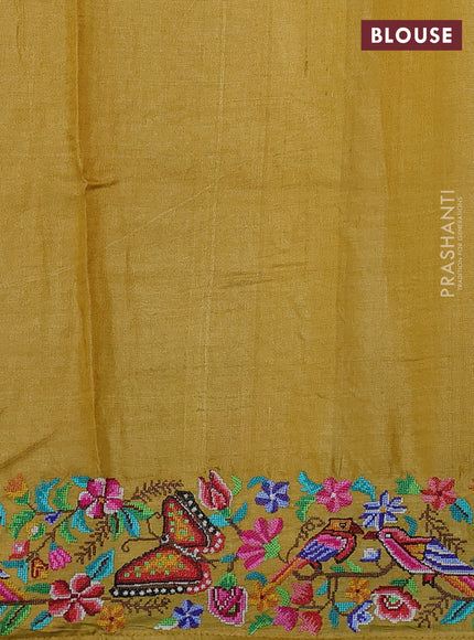 Pure tussar silk saree mustard yellow with embroidery buttas and embroidery border
