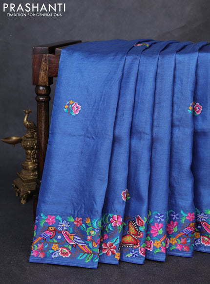 Pure tussar silk saree blue with embroidery buttas and embroidery border