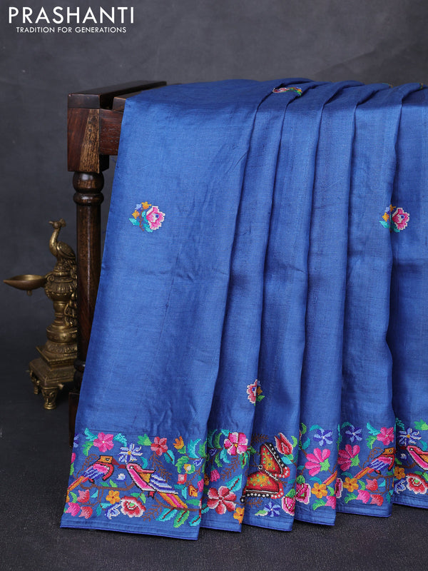 Pure tussar silk saree blue with embroidery buttas and embroidery border