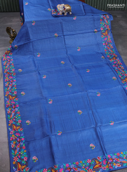 Pure tussar silk saree blue with embroidery buttas and embroidery border