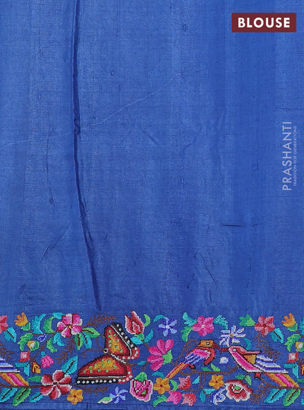 Pure tussar silk saree blue with embroidery buttas and embroidery border