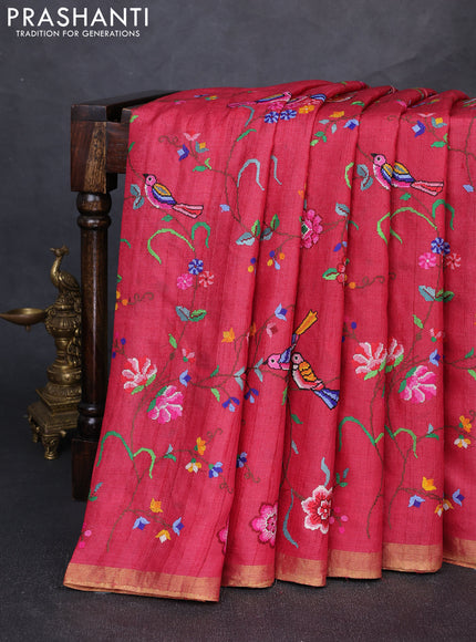 Pure tussar silk saree red shade with allover embroidery work and zari woven border