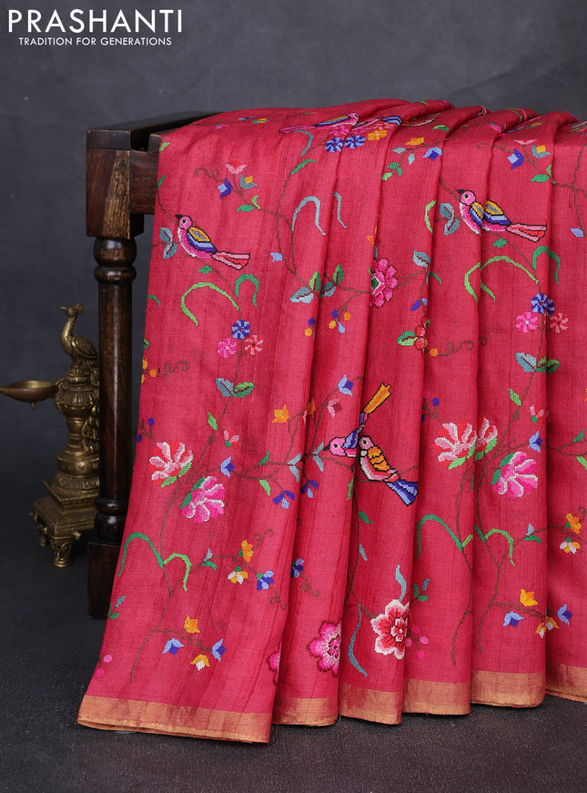 Pure tussar silk saree red shade with allover embroidery work and zari woven border