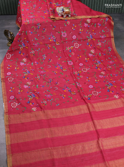 Pure tussar silk saree red shade with allover embroidery work and zari woven border