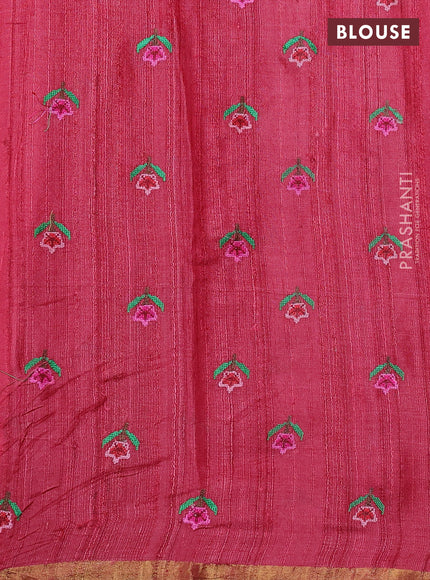 Pure tussar silk saree red shade with allover embroidery work and zari woven border
