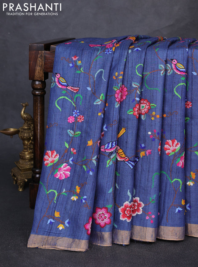 Pure tussar silk saree peacock blue with allover embroidery work and zari woven border