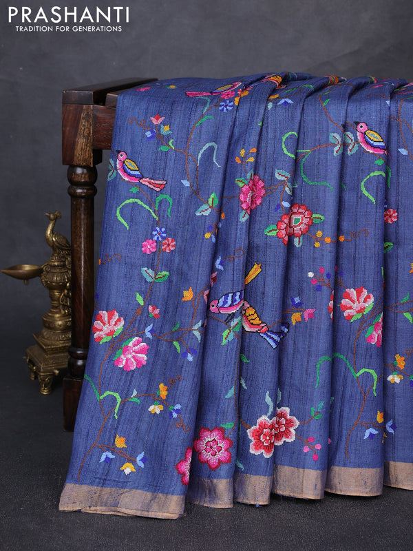 Pure tussar silk saree peacock blue with allover embroidery work and zari woven border