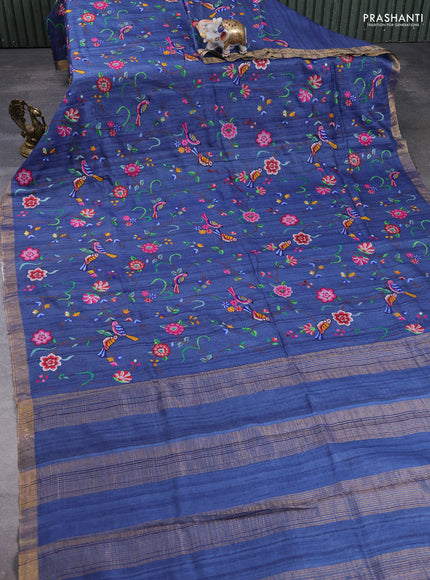 Pure tussar silk saree peacock blue with allover embroidery work and zari woven border