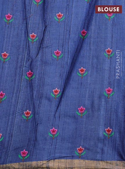 Pure tussar silk saree peacock blue with allover embroidery work and zari woven border