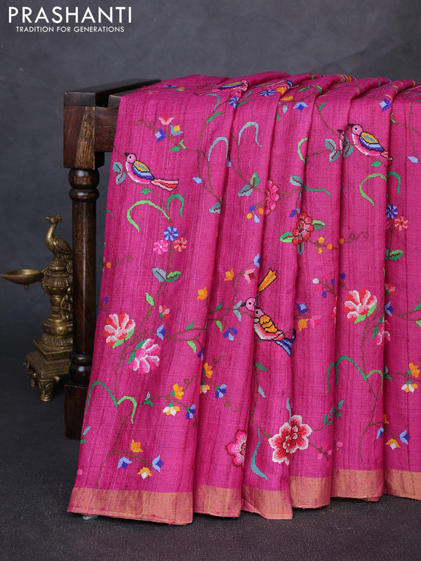Pure tussar silk saree magenta pink with allover embroidery work and zari woven border