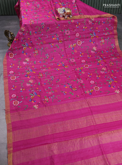 Pure tussar silk saree magenta pink with allover embroidery work and zari woven border